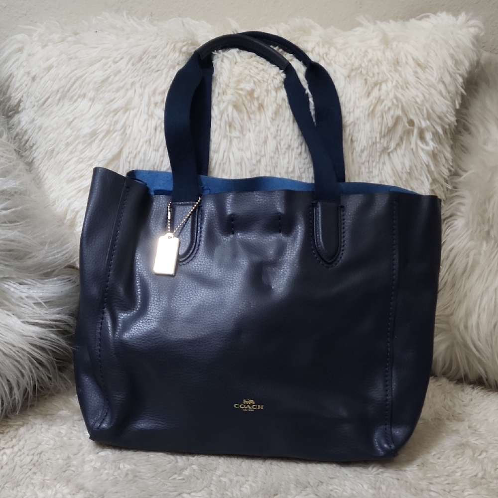 Coach Navy Leather Tote with Gold Tag